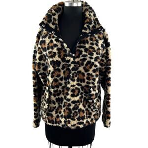 J CREW Leopard Print Sherpa Fleece Snap Collar Pullover Sweatshirt Size Small S